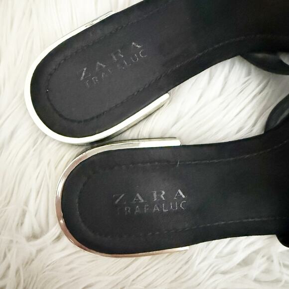 ZARA TRAFALUC | Black Flat Slide Band Sandals Chrome Silver Mini Heel | 40, US 9 - Picture 5 of 9